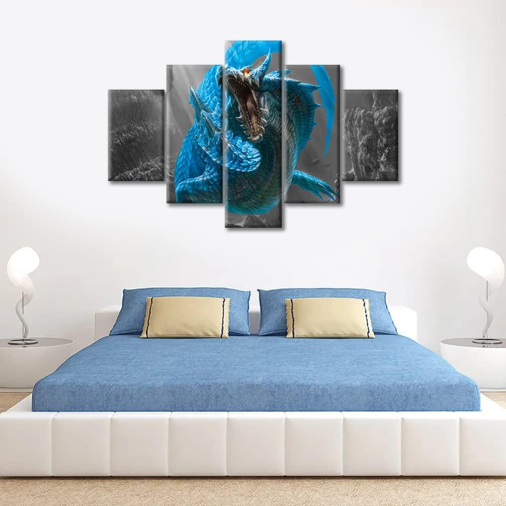 Dragon Canvas Wall Art Deep Sea Room Decor Pictures on Canvas Blue Ocean Poster Canvas Artwork Wall Decor Wall Art for Home Office Decorations 5 Piece Framed Canvas Prints 60" Wx40 H Blue,Black 60"x40"