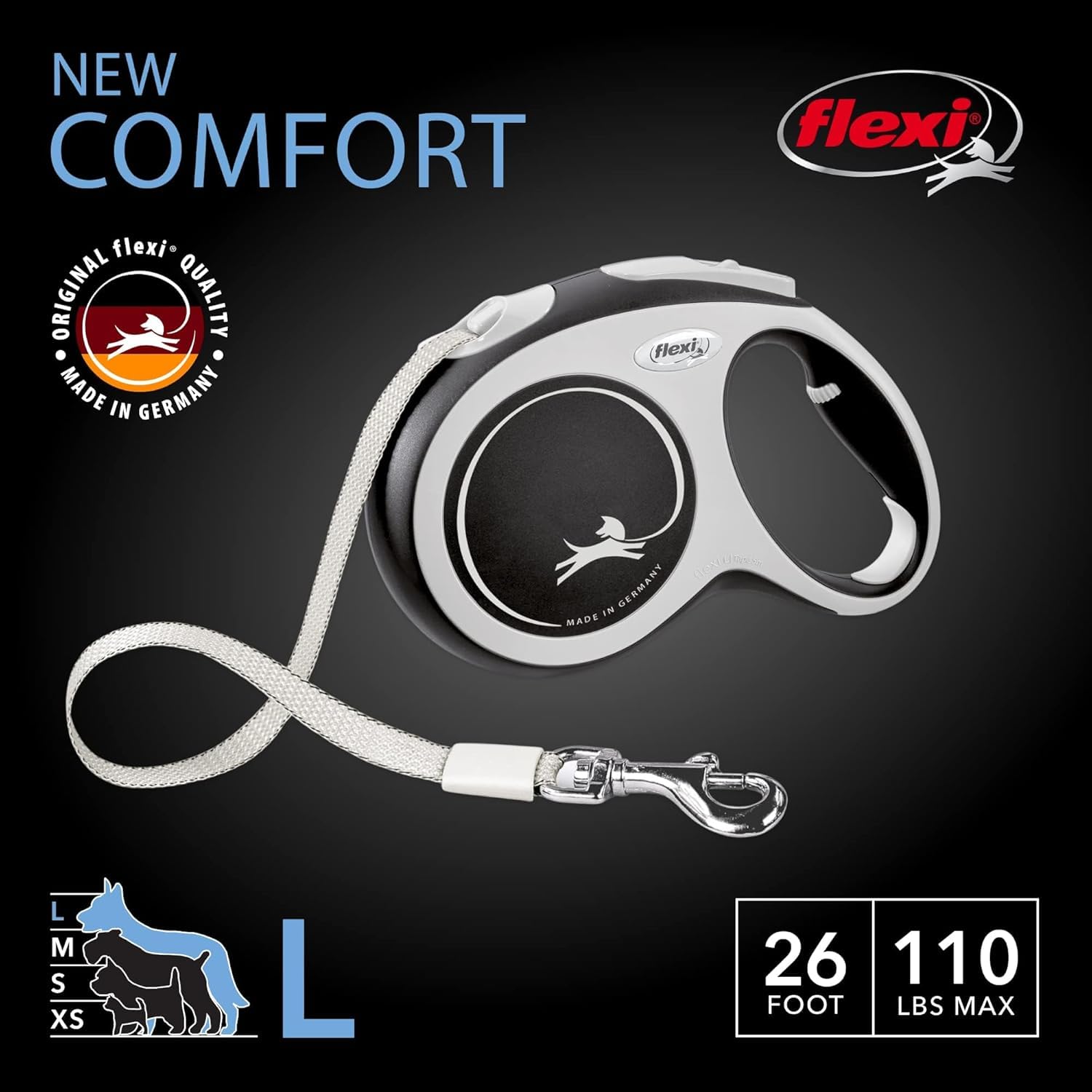 FLEXI New Comfort Guinzaglio retrattile per cani fino a 50 kg, 7,9 m, grande, nylon, grigio/nero
