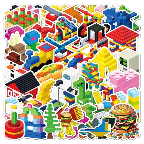 51 PCS Reusable Cartoon Building Block Stickers - Waterproof Decals for Water Bottles Laptops & Scrapbooking (Cute Gifts for Party Supplies)