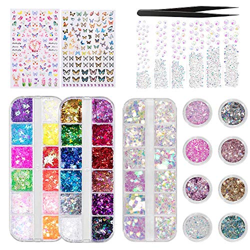 Beetles Nail Art Glitter and Rhinestones Kit and 24 colors Holographic Butterfly Glitter Sequins for Acrylic Nail Decoration Face Body Nail Sparkle Glitter DIY Decoration with 2 Pcs Nail Stickers