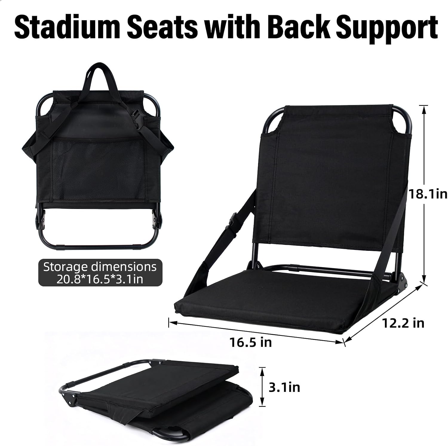 Stadium Seats with Back Support and Cushion | Foldable Portable, Mesh Storage Pocket, For Bleachers, Perfect for Football and Soccer Games, Outdoor Park Events