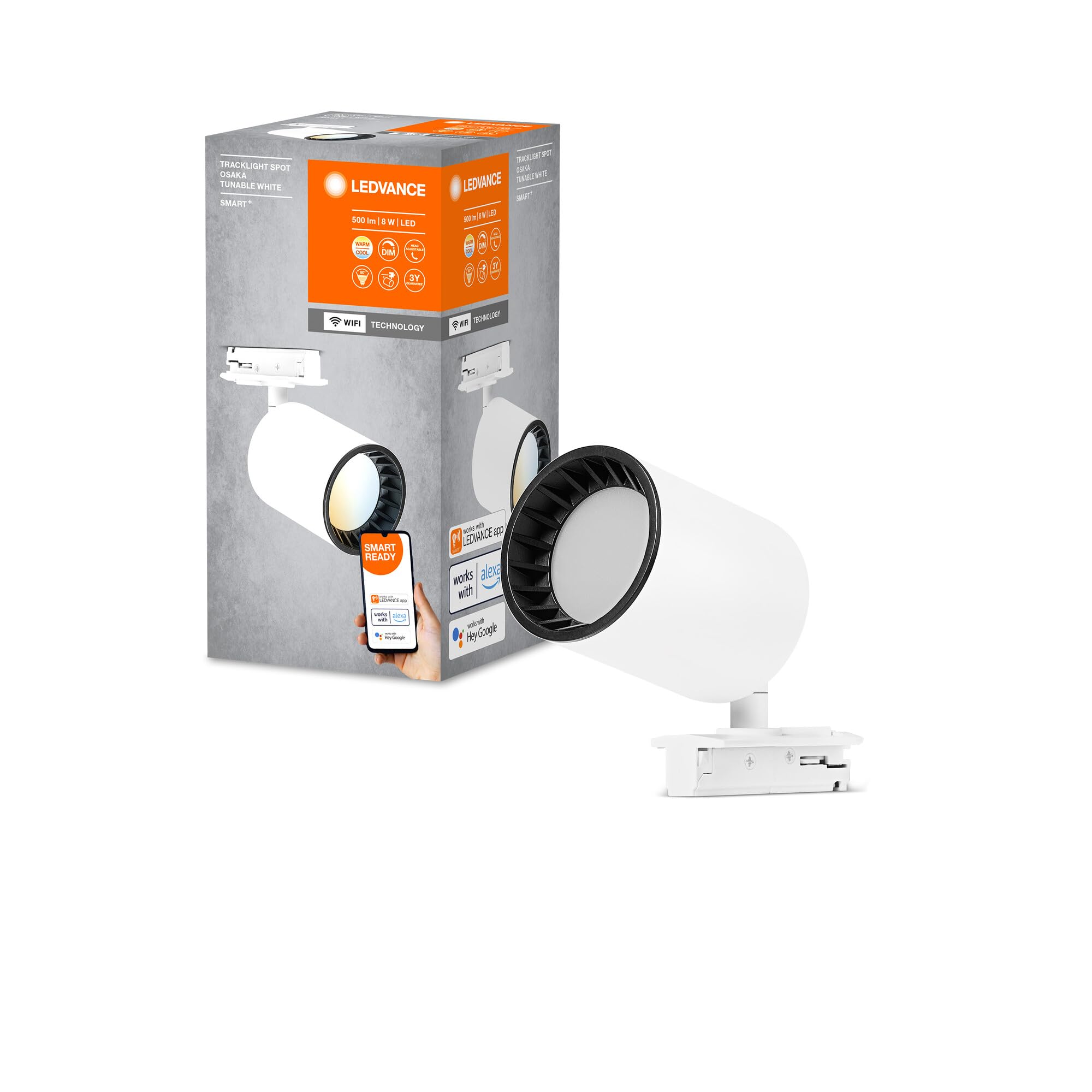LEDVANCE Tête d'éclairage du système de rail SMART+ Tracklight WiFi,blanc, 8W, 500lm, tête directionnelle, blanc réglable 3000K-6500K, contrôlable par application, compatible Amazon, Google, etc.