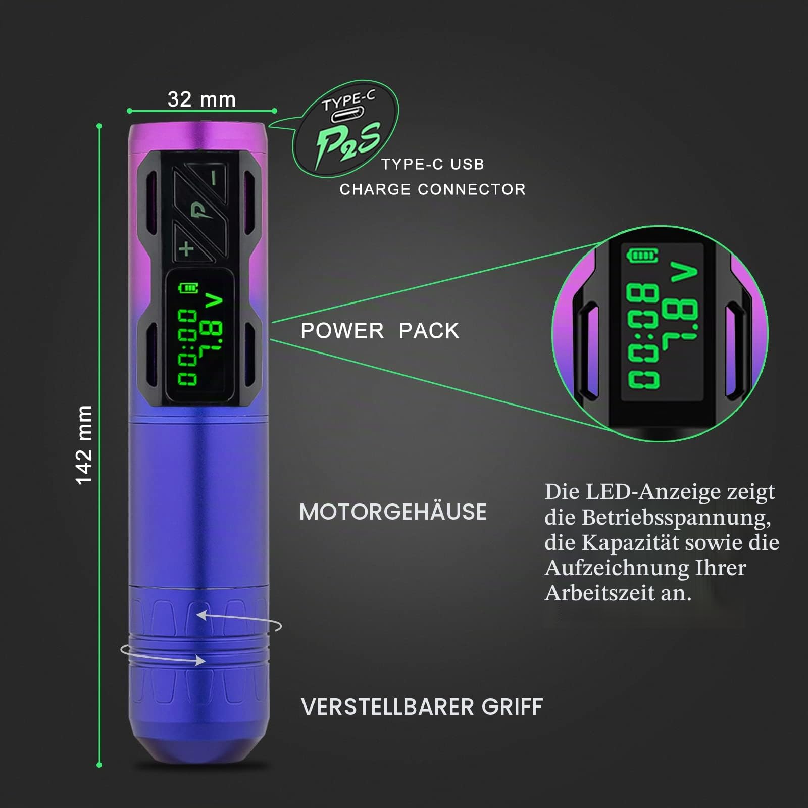 EZ Tattoo Maschinen Set - Tattoo Set mit Rotations Tattoo Maschine, 20 Stück Tattoo Nadeln, 1800mAh Stromversorgung Akku für Tattoo Anfänger und Künstler (P2S Lila)
