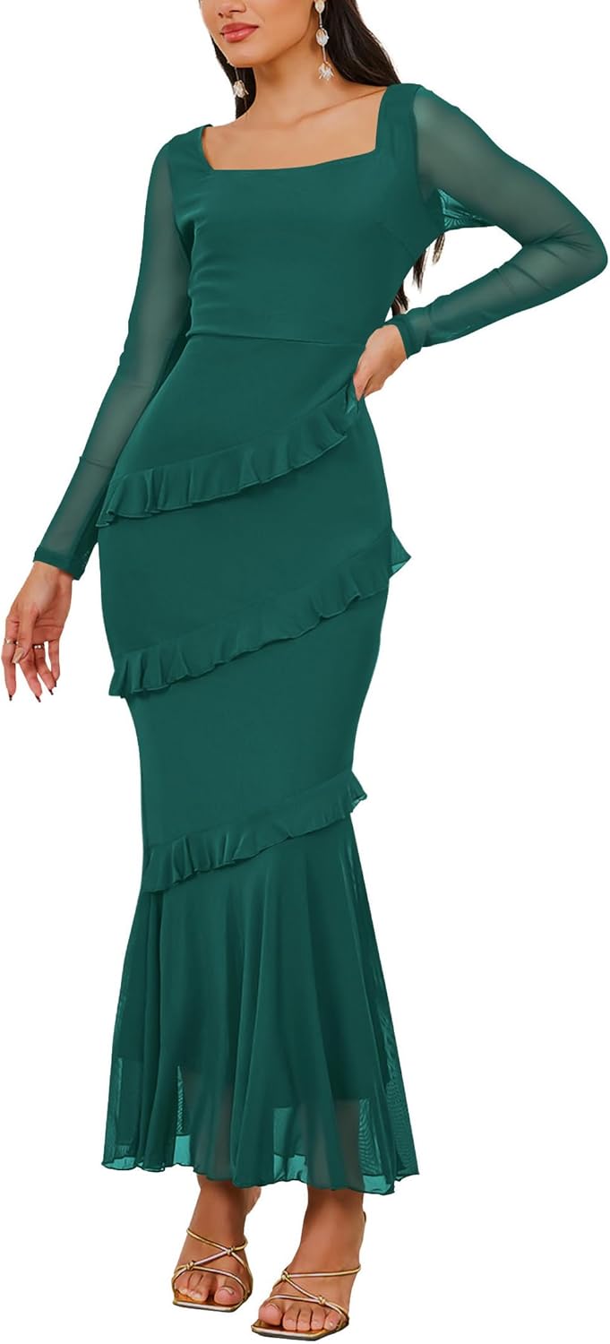 Nova In Sky Women's Wedding Guest Dress Maxi Long Sleeve Mesh Ruffle Formal Bodycon Mermaid Evening Cocktail Long Dress - Image 4