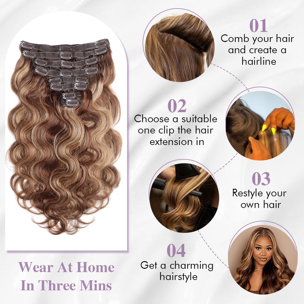 #P4/27/4 Body Wave Clip In Hair Extensions Real Human Hair 14Inch Remy Highlight Human Hair Extensions Clip Ins for Black Women 8 Pcs 18 Clips 120g Balayage Chocolate Brown to Caramel Blonde
