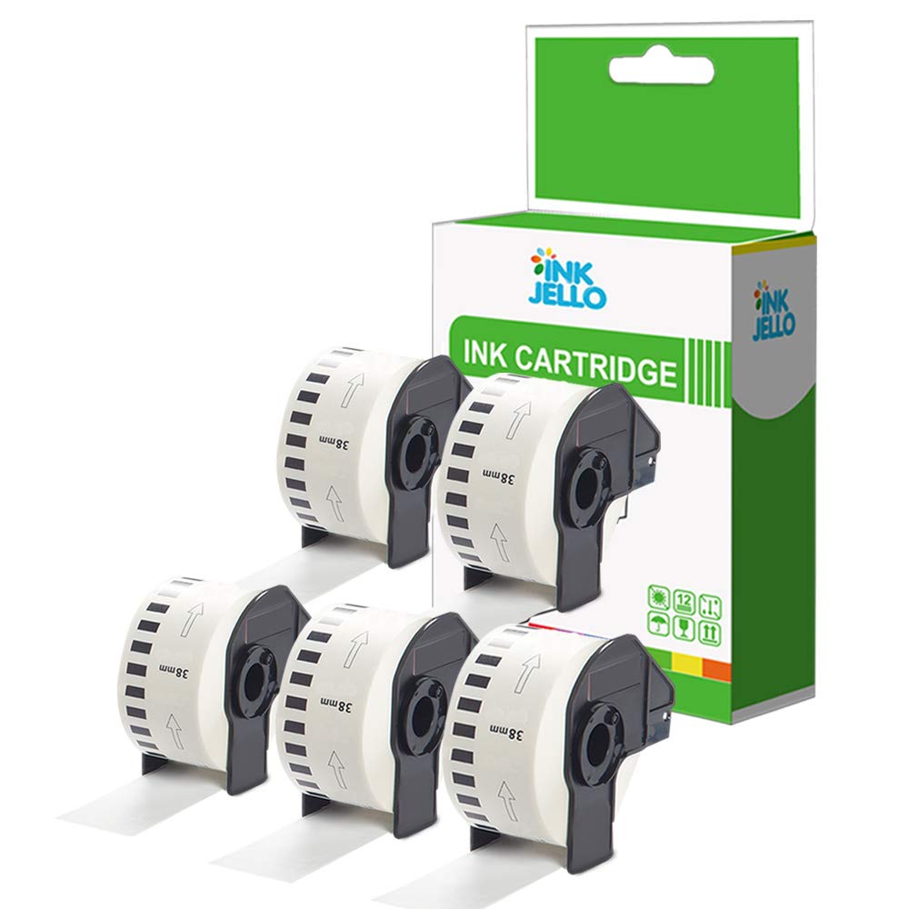 InkJello Compatible Label Tape Roll Replacement For Brother Brother QL1100, QL1110NWB QL500 QL500A QL500BS QL500BW QL800 QL810W QL820NWB DK22225 (38mm x 30.48m) Black on white (5-Pack)