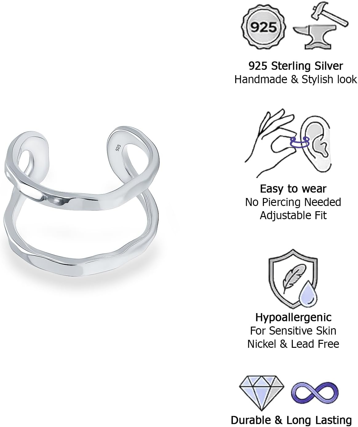 LeCalla 925 Sterling Silver Cuff Earrings for Women | Non-Piercing Fake Helix Cartilage Cuff Earrings | Hammered Ear Cuff-Set for Non-Pierced Ears | Cartilage Earring Silver Ear Clips Jewelry 12MM