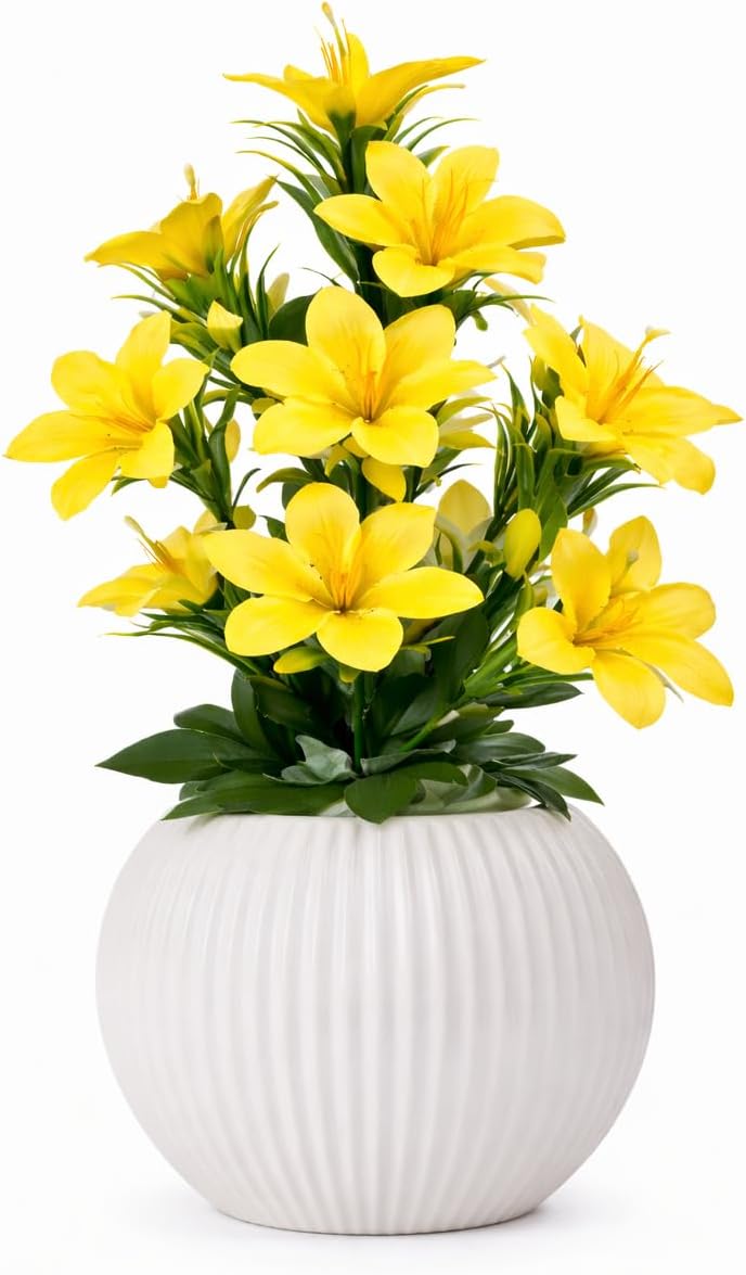 GREENORA Artificial Lily Flowers Pot with Vase for Home Decor & Office Decoration, 1 Big Size Artificial Plant, 34cm Height, Yellow