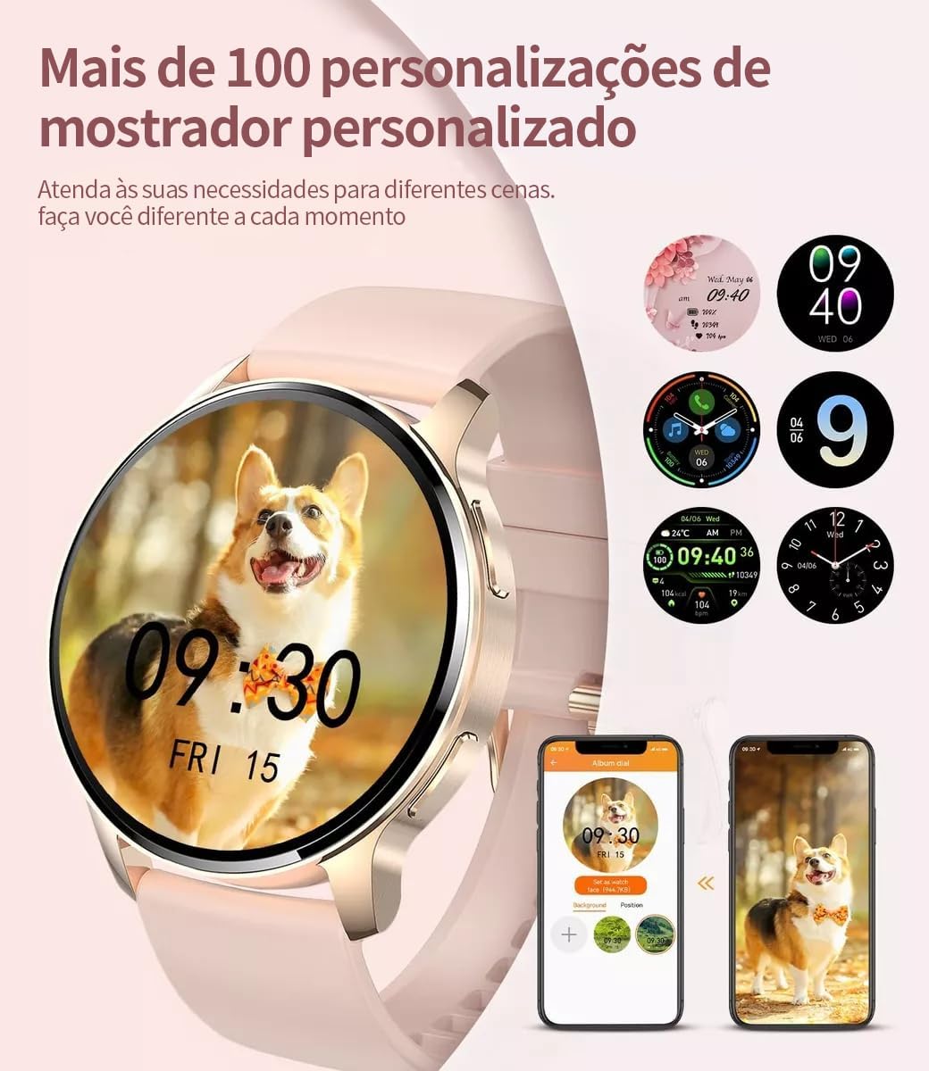 Smartwatch com Tela Full Touch 1.45", IP68, Compatível com iOS e Android, 120+ Modos Esportivos e Recebimento de Notificações, Faz e Recebe Ligações, Assistente de Voz, Unissex, 3 Pulseiras (Ouro) 6 61Lpi+pb61L. AC SL1200