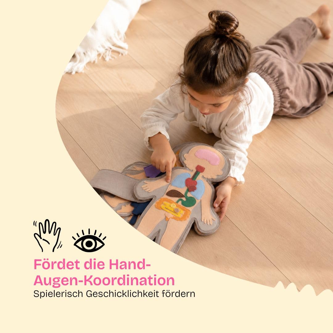 Jolly Designs Travel Buddy „Mein Körper – Mädchen“ – Interaktives Lernspielzeug zum menschlichen Körper – Montessori Spielzeug aus Filz – Fördert Feinmotorik & Körperwissen – Ideal für unterwegs