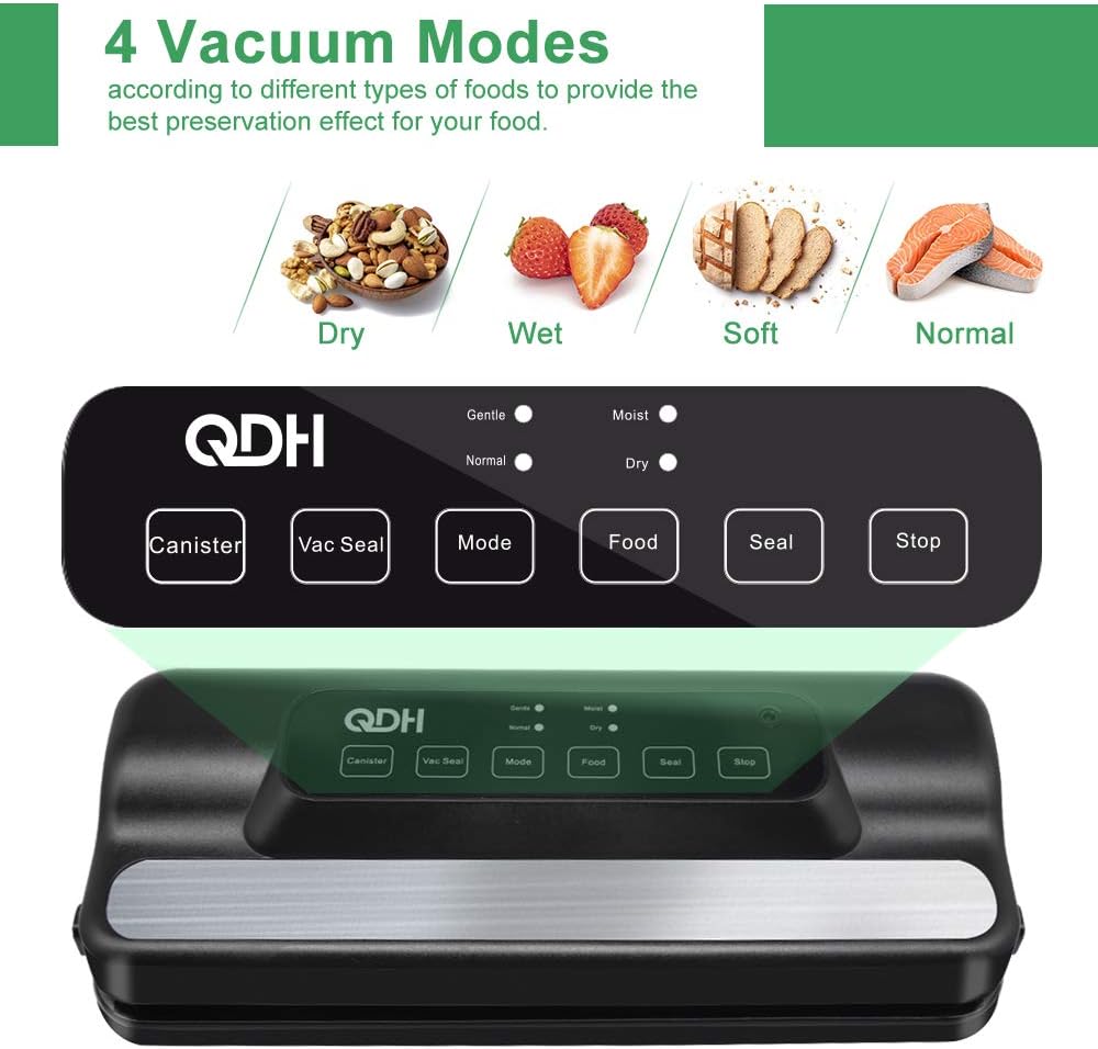 QDH Vacuum Sealer Machine With Built-in Cutter, 95kPa Pro Vacuum Food Sealer, Automatic 5-in-1 Food Sealer Led Indicator Lights,Easy to Clean,Dry & Moist Food Modes,Compact Design (C)