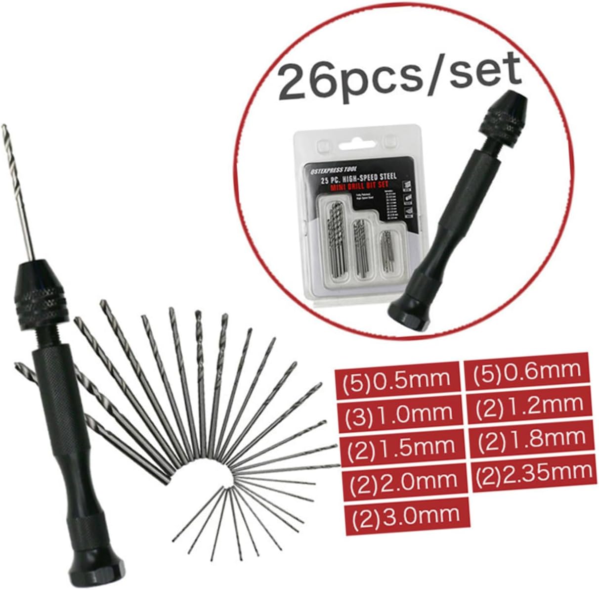26pcs Hand Drill Set Single Ended Hand Drill Bits Wire Gauge Bit Holder for Jewelry and Watch Repair