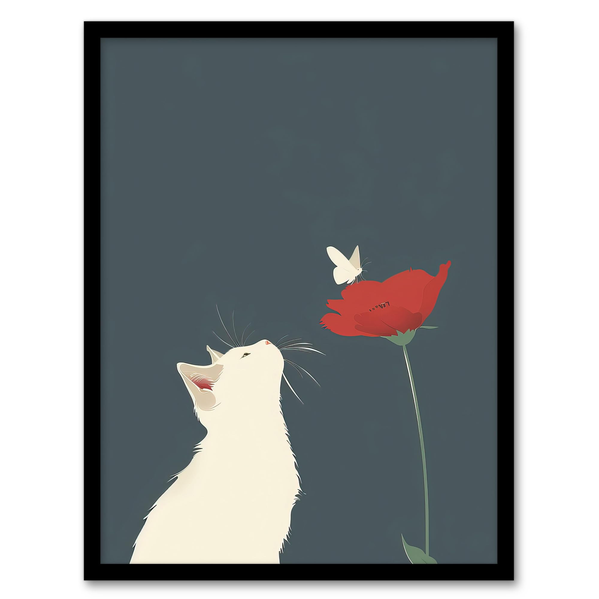 Artery8 White Kitten with Rose Butterfly Artwork Cute Living Room Artwork Framed Wall Art Print A4