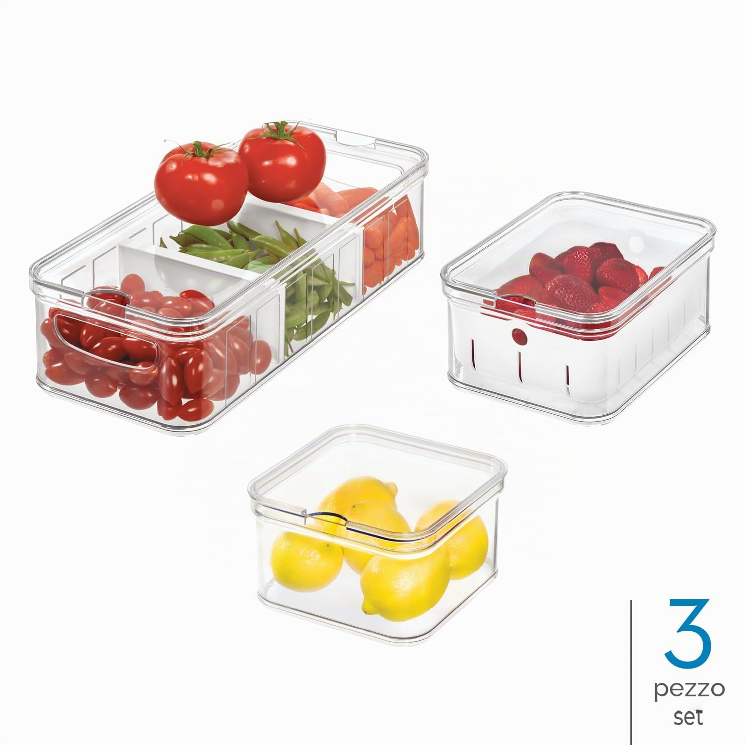 iDesign Organizer Frigorifero, Contenitori frigo con Coperchio in Set da 3, Contenitori per Frigorifero in plastica Riciclata per l'organizzazione di Alimenti, Trasparente/Bianco