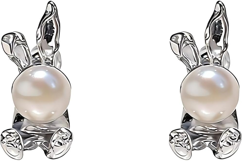 Gold Rabbit Stud Earrings Cute Pearl Bunny Earrings for Women Round Pearl Rabbit Jacket Earring Adorable Animal Earring with Pearls Accents Dainty Daily Wear Jewelry