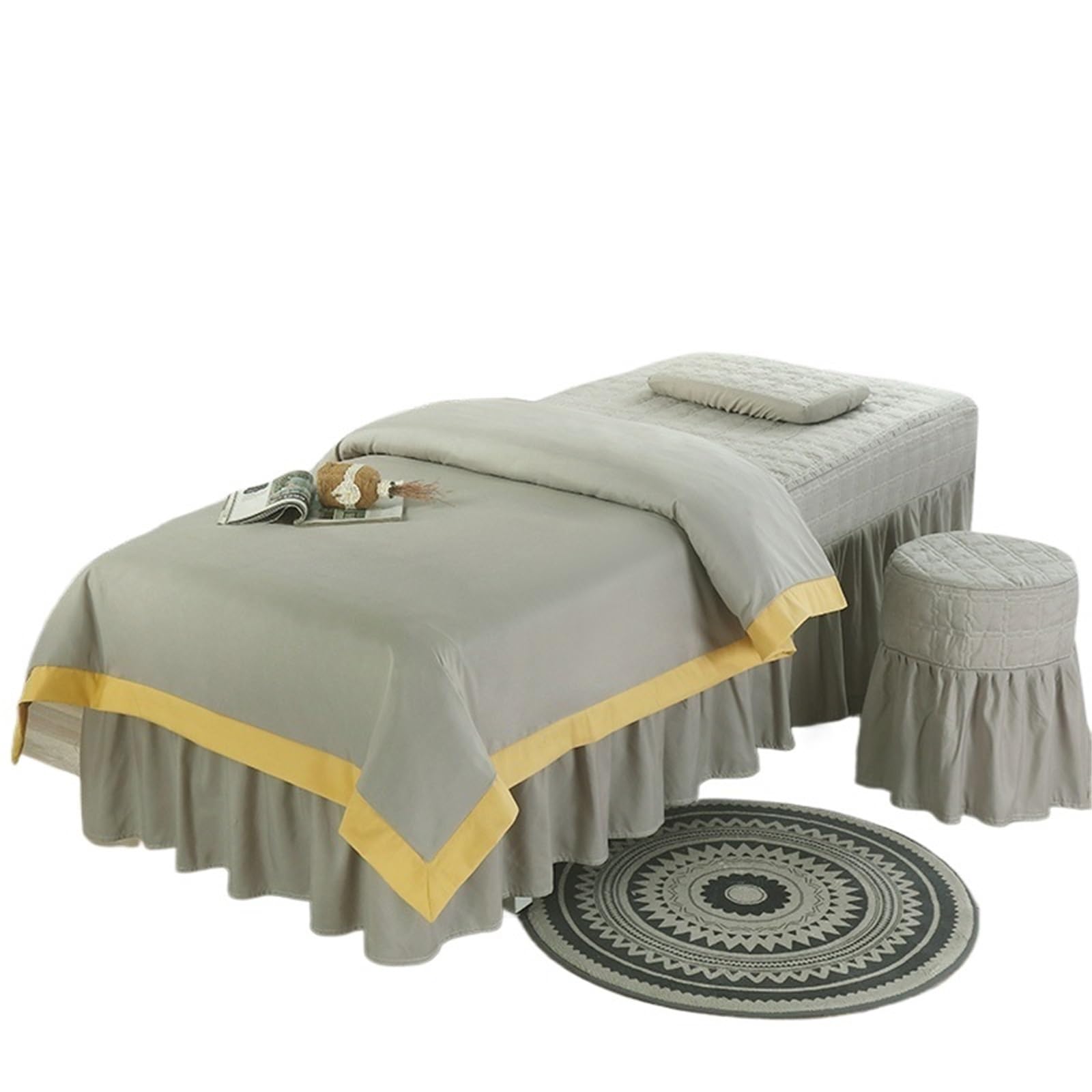 Beauty Salon Bed Cover Sets 4pcs Simple Style Massage Spa Bed Sheets Bedspread with Hole Pillowcase Stool Cover(Grey,70x190cm)