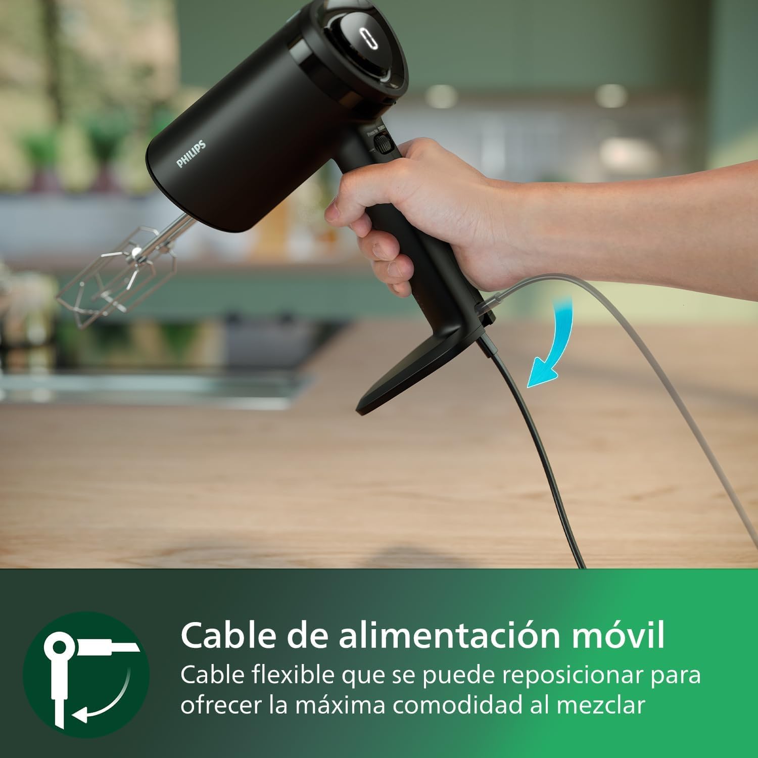 Philips 5000 Batidora de Mano 3 en 1, 500 W, 5 Velocidades, Negro | Batidora eléctrica 3 en 1 con picadora, 500 W, 5 velocidades, antisalpicaduras, almacenamiento inteligente (HR3781/20)