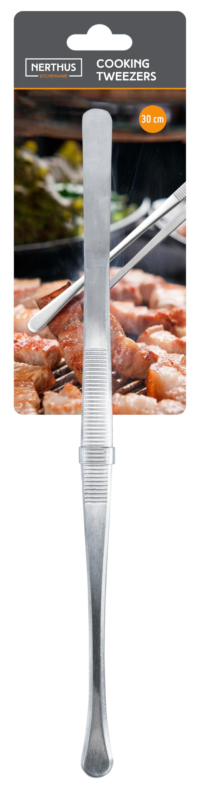 NERTHUS FIH 1473 Stainless Steel Straight Kitchen Tong, 30 cm, Precision Tool for Plating, Grilling and Baking