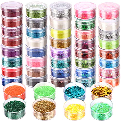 Chunky Glitter & Fine Glitter Set, YGDZ 48 Colors Nail Festival Chunky Glitter Sequins Body Face Hair Makeup Eyeshadow Glitter, Crafts Fine Glitter for Resin, 5g Each Box