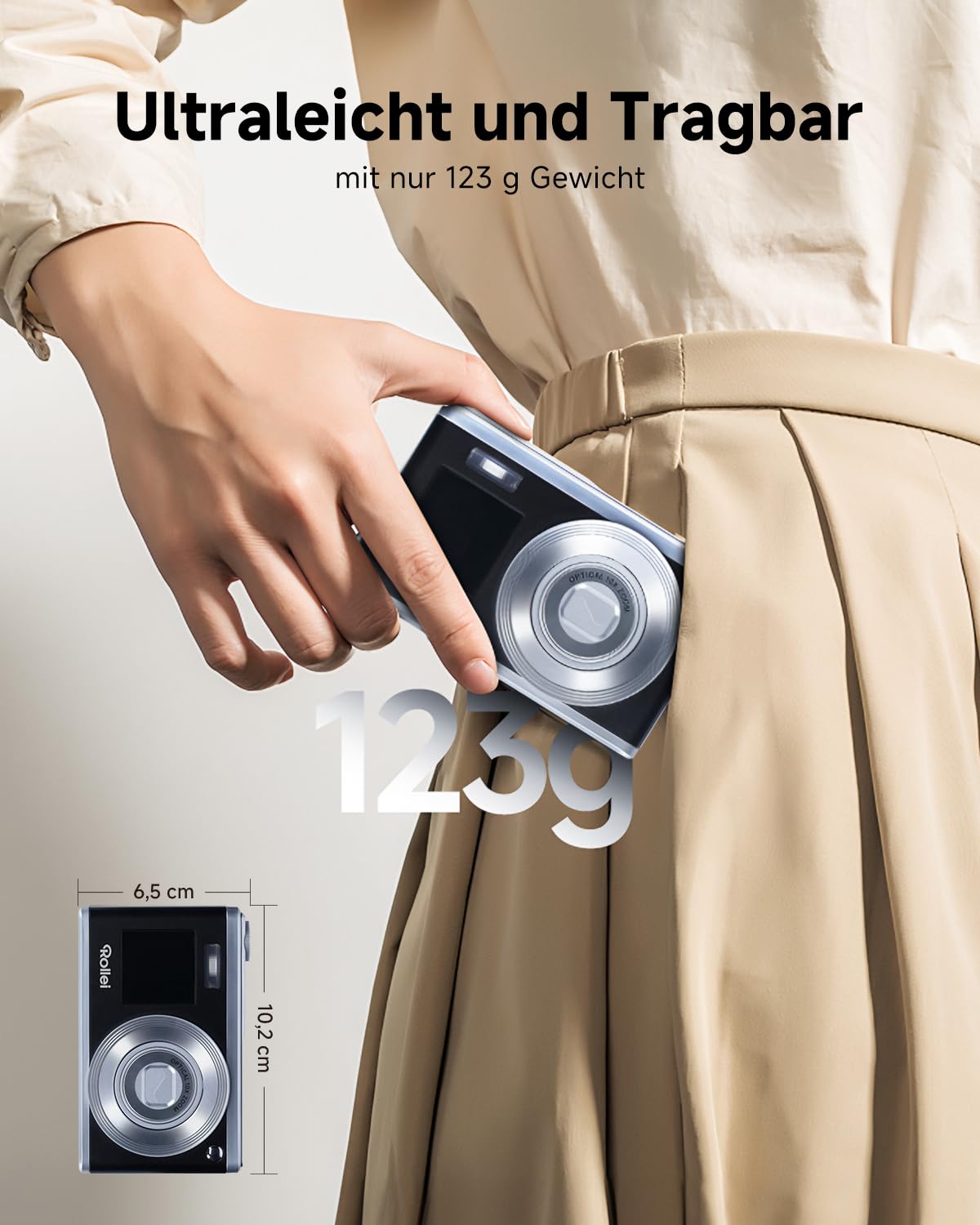 Rollei Compactline 10X Digitalkamera, 20MP FHD Kompaktkamera 10X Optischer Zoom & Selfie Display Tragbar Fotoapparat für Vlog unterwegs Reise Schwarz Silber, Digital-Kamera-Kompaktkamera-Fotoapparat
