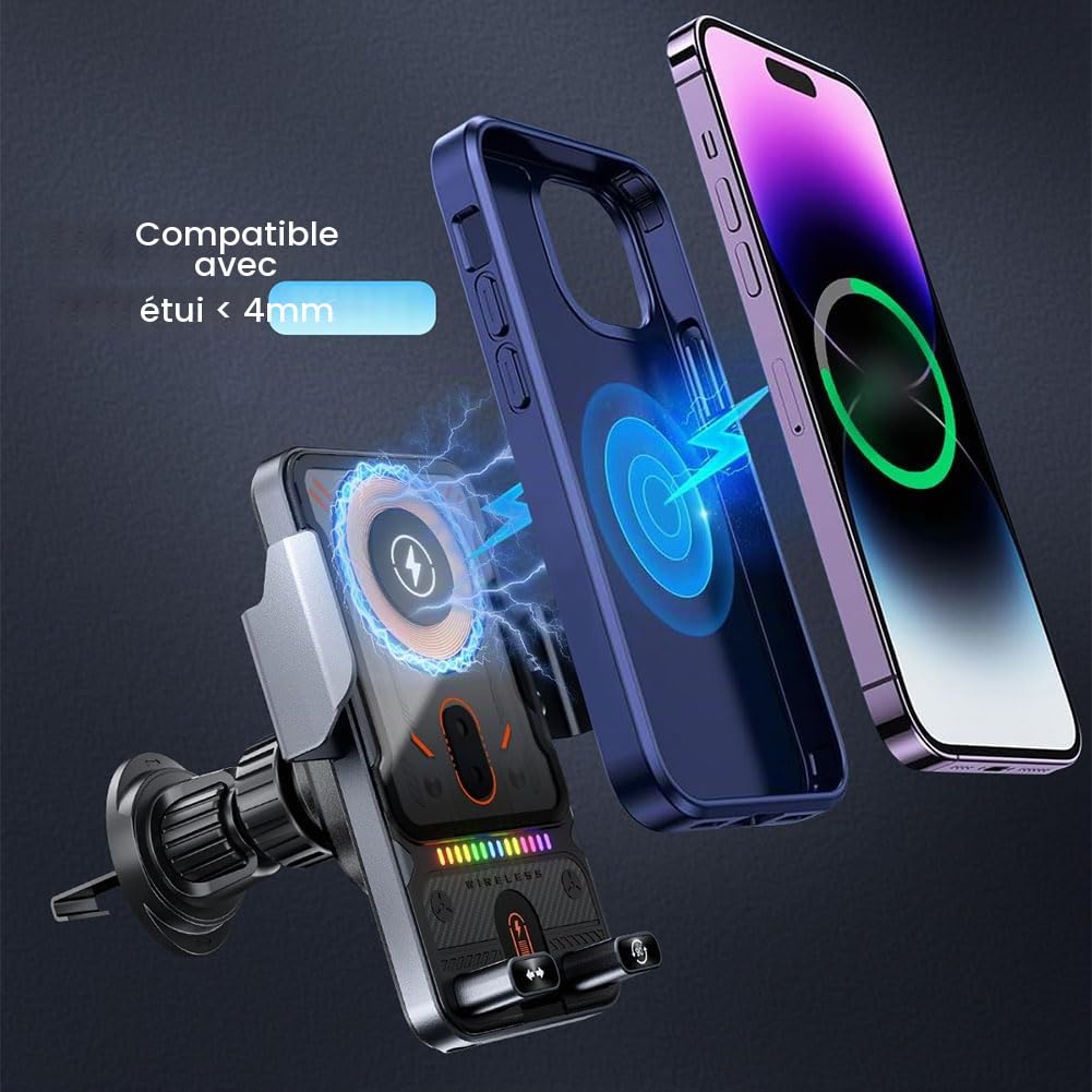 Chargeur de voiture sans fil 15 W et support de téléphone, support de chargeur de voiture sans fil, serrage automatique, installation de sortie d'air (noir)