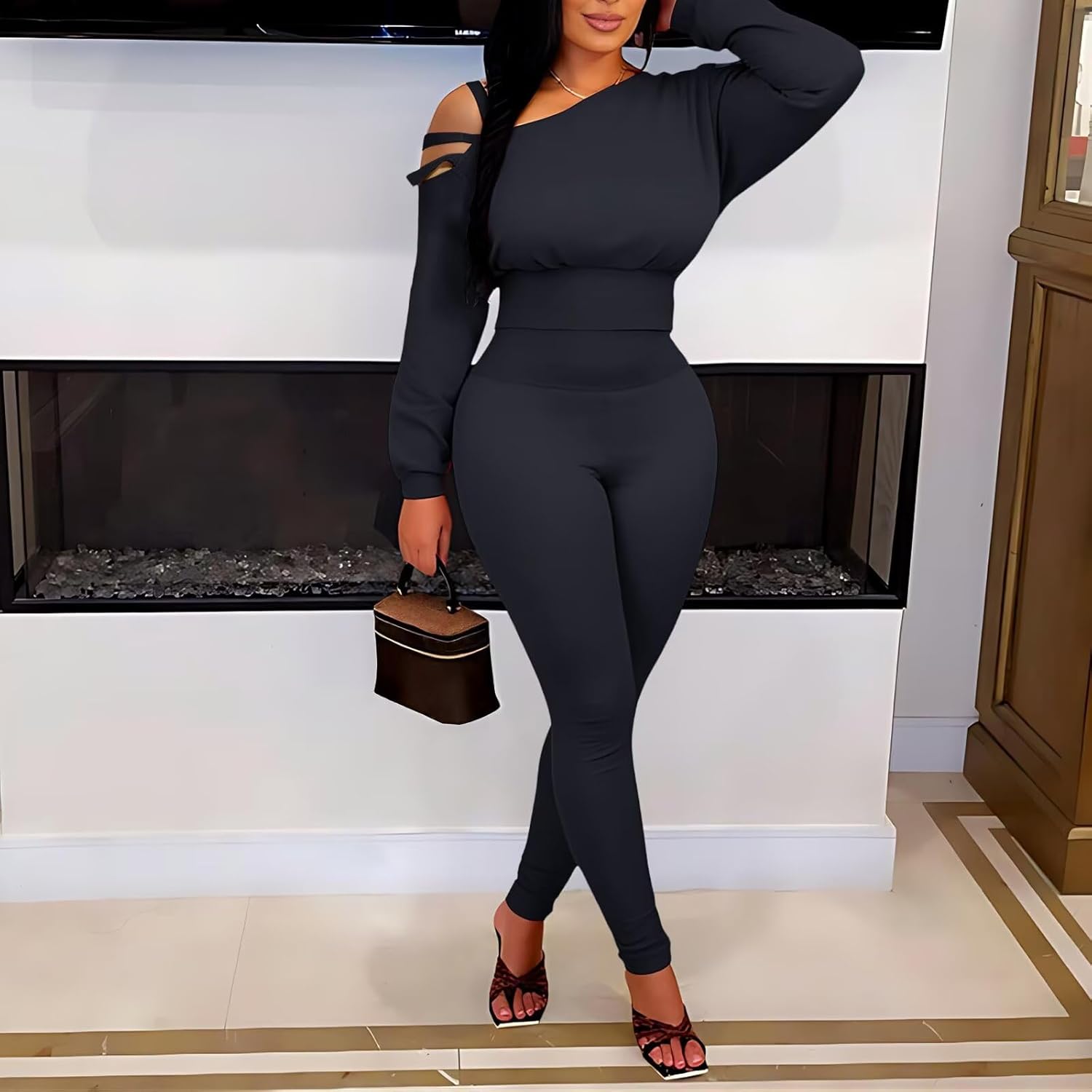 Ophestin Womens 2 Piece Sweatsuits Sexy Off The Shoulder Long Sleeve Tops Legging Pants Set Tracksuit Outfits - Image 4