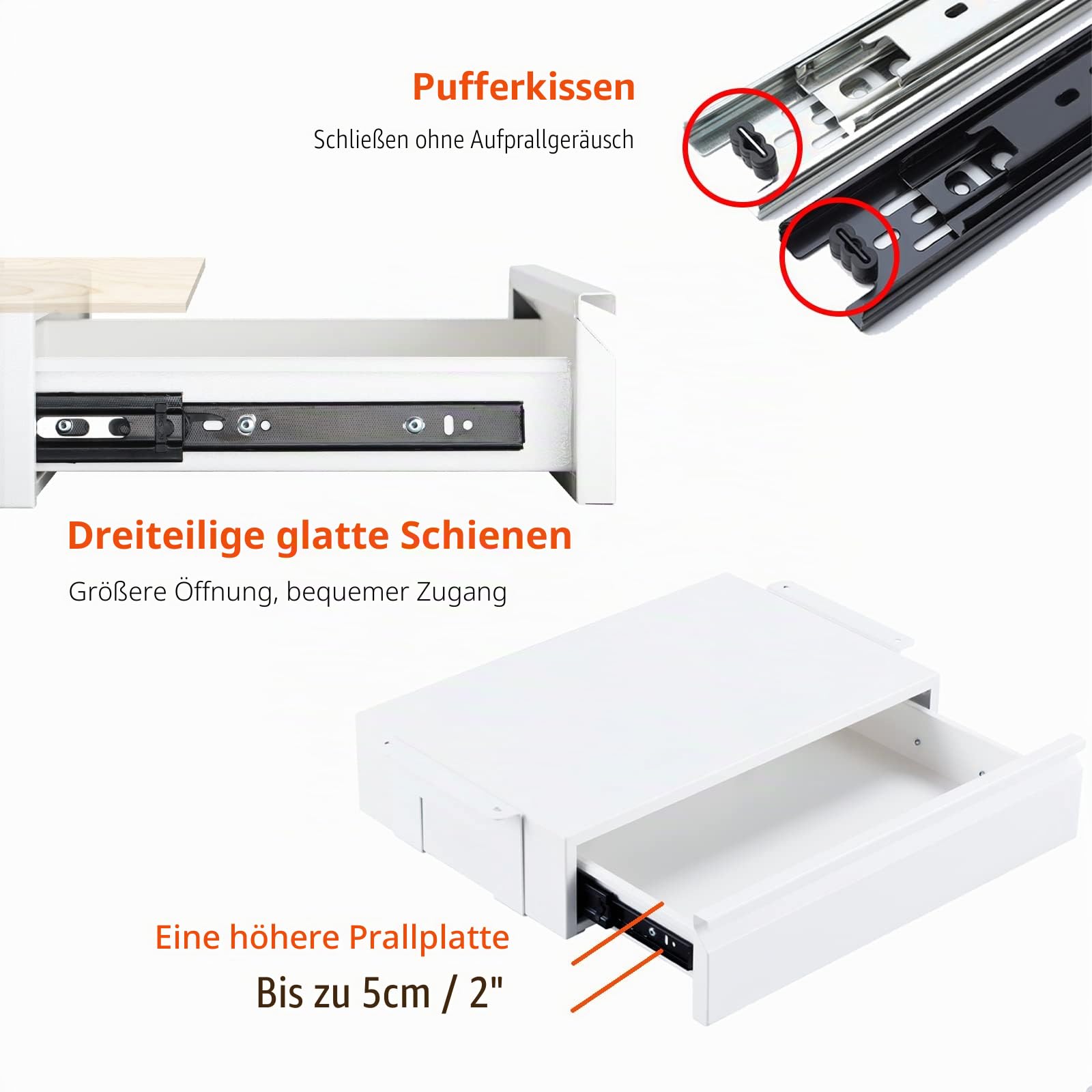 Unter dem Schreibtisch Metall-Schublade weiß mit großer Schiebeverlängerung, ausziehbarer Aufbewahrungs-Organizer montiert unter einem flachen Holztisch oder einer Werkbank
