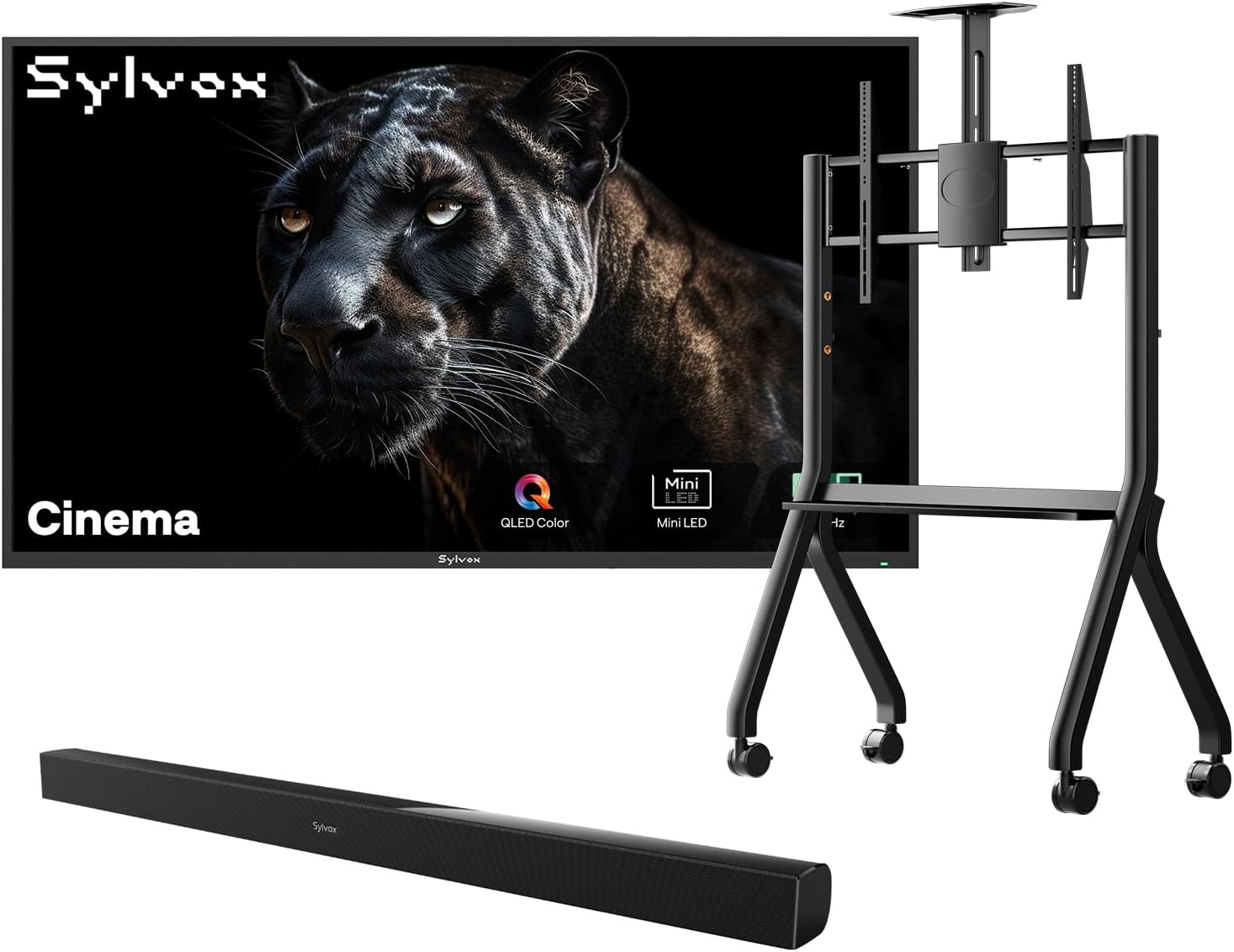 SYLVOX 55 inch Outdoor Mini-LED QLED TV with Rolling Stand & Soundbar, 4K UHD, 2000 Nits Full Sun, Anti-Glare Screen, 120Hz, IP56 Waterproof, Dual 30W Dolby Atmos Speaks (Cinema/2025)