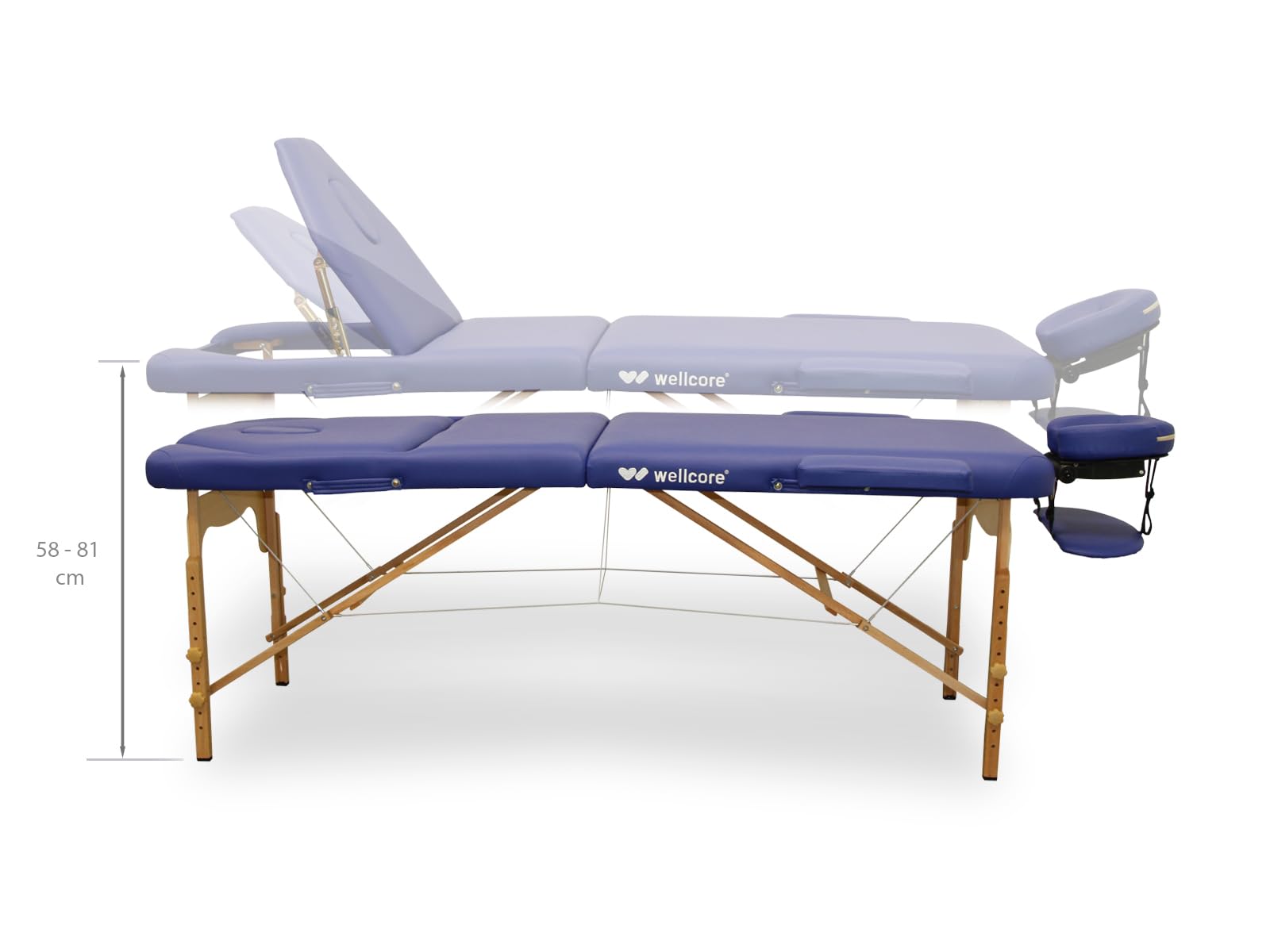 QUIRUMED Camilla de Masaje Plegable de Madera WELLCORE, con Respaldo abatible, Plus, 185 x 65 cm, Polipiel, Altura Regulable, Cabezal extraíble, Agujero Facial, Color Blanco, hasta 225 kg