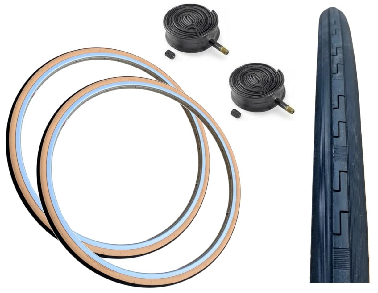Baldys 27 x 1-1/4 Traditional/Vintage Bike Tyres BLACK/TAN WALL & Schrader Valve Inner Tubes (PACK OF 2)