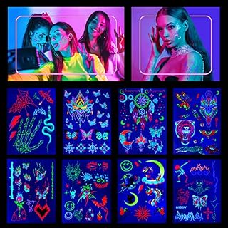 DIVAWOO 8 Sheets Glow in the Dark Neon Temporary Tattoo,UV Blacklight Neon Glow Fake Tattoos, Rave Festival Accessories for Women Party Supplies