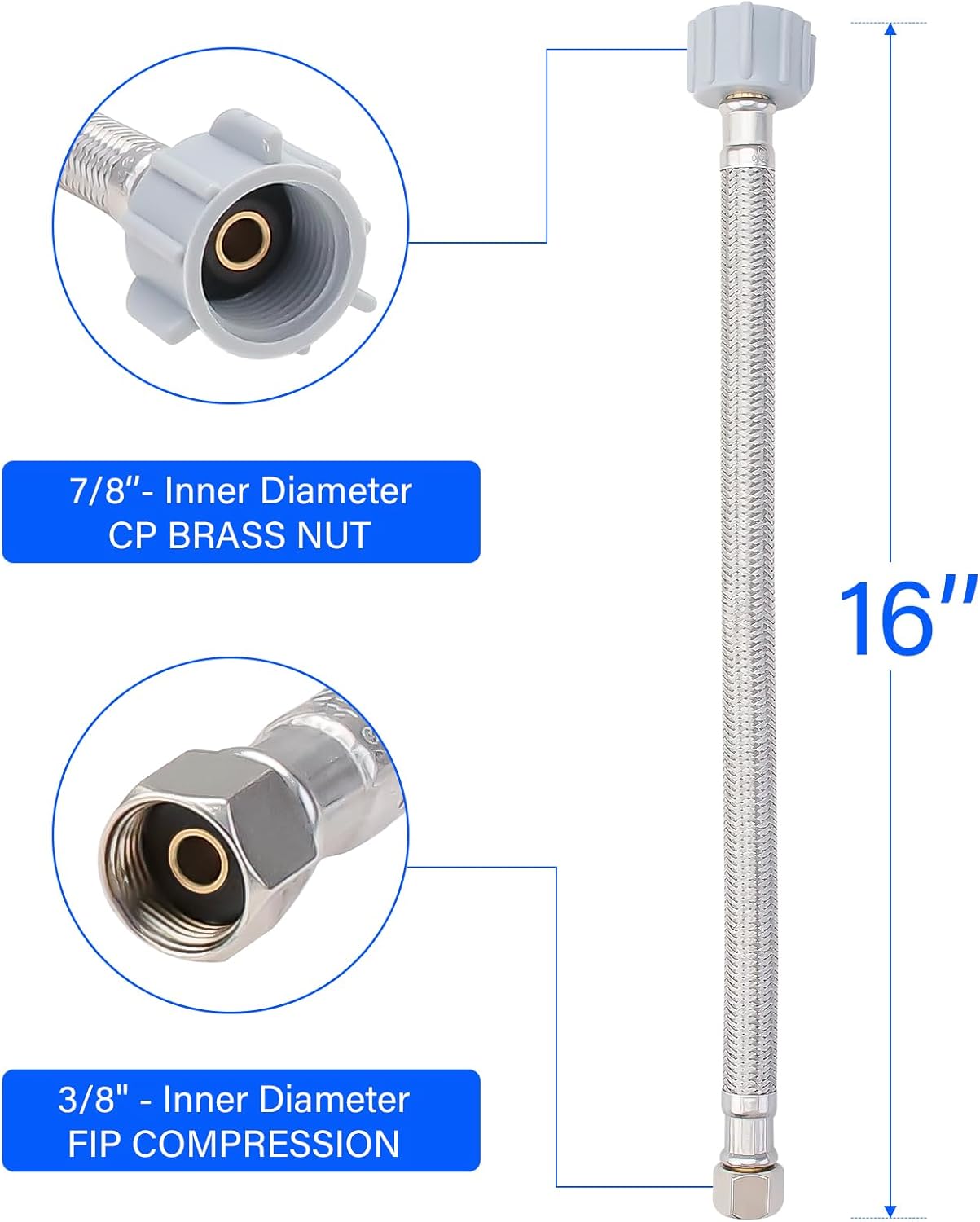 Toilet Hose Supply Line 16 Inch Flexible Toilet Connector, 7/8 Inch Ballcock x 3/8 Inch Compression, Braided Stainless Steel Toilet Supply Line
