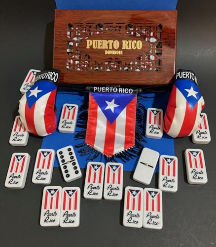 Puerto Rican Dominoes Set with Classic Wooden Case - Includes Puerto Rico Flag and Boxing Gloves Gift Pack