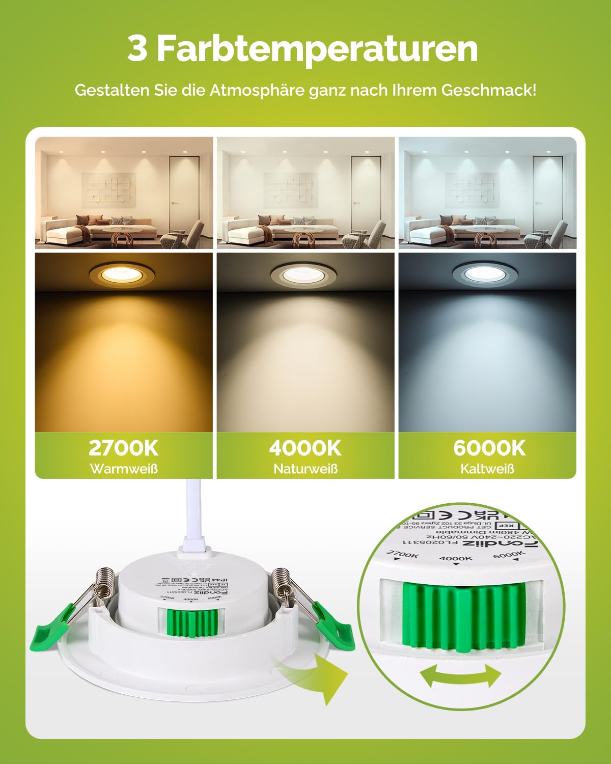 Fondiiz 12er LED Einbaustrahler 230V Dimmbar Schwenkbar, 5W 3CCT | LED Spots Warmweiß 2700K Neutralweiß 4000K Kaltweiß 6000K, 480LM Spots Deckenleuchte IP44 für Badezimmer, 70-80mm Lochmaß