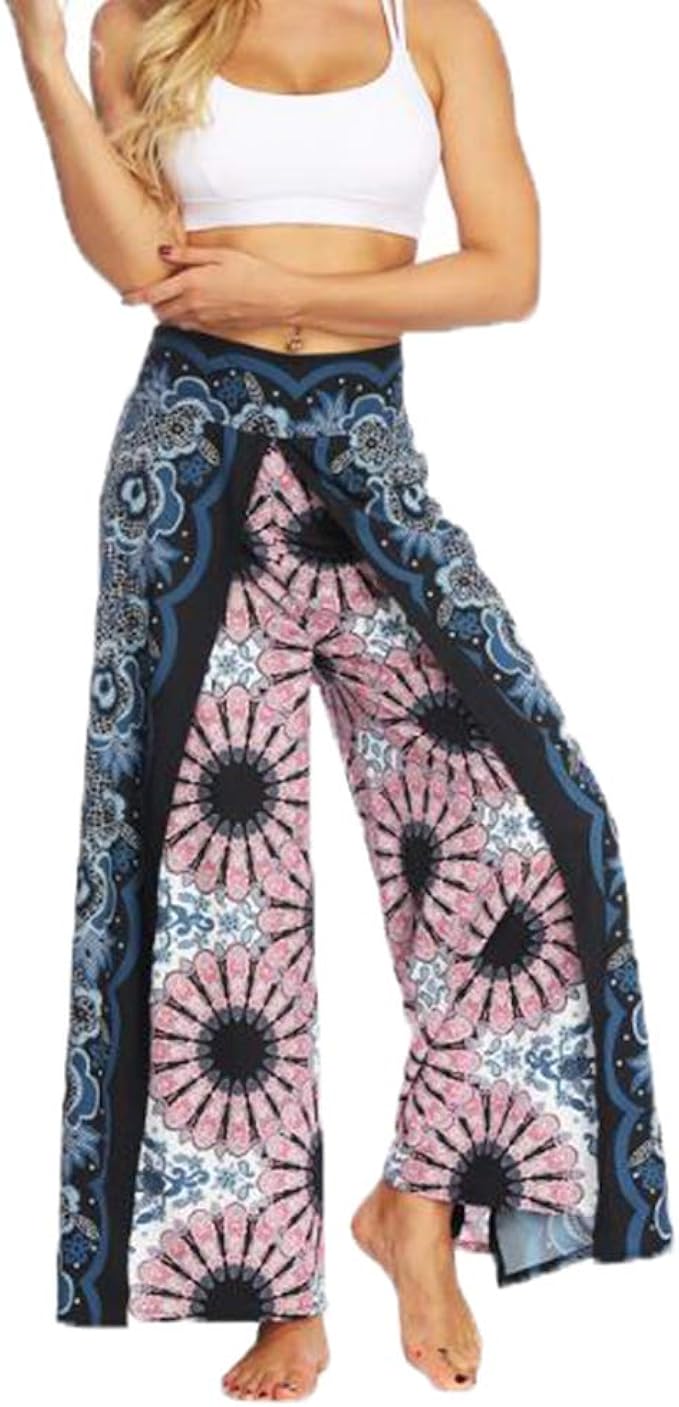 Womens Wide Legs Split Flowy Yoga Pants Printed Hippie Baggy Trousers