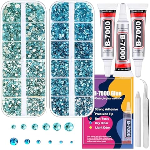 Resin Rhinestones for Crafting, Flatback Gems for Clothing Fabric, Flat Back Aquamarine & Zircon Diamonds Glue Fix, 2 Colors Bedazzling Kit 4 Sizes ss6-ss20 Mixed, B7000 Jewelry Glue for DIY Nail Art Cover