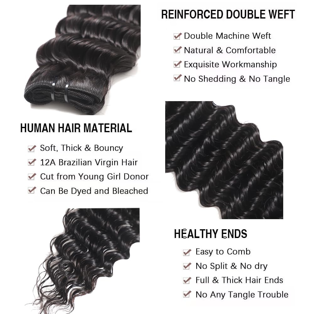 Deep Wave Human Hair Bundles 20 Inch 12A Brazilian Virgin Wet and Wavy Human Hair Weave Bundles 100% Unprocessed Deep Curly Bundles One Bundle Double Weft Water Wave Bundles Natural Black
