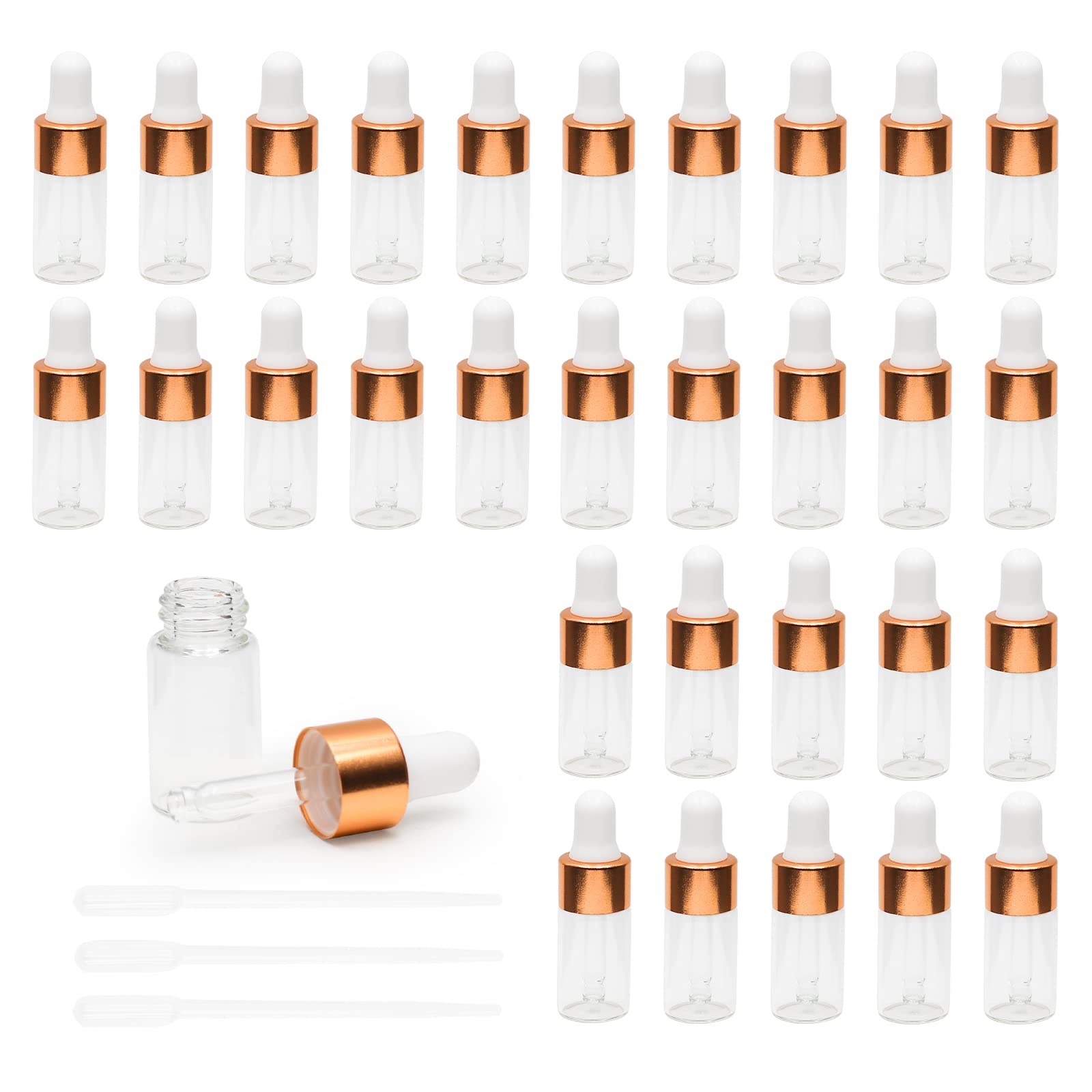Dondeen30pcs 3ml Dropper Bottle,Empty Mini Bottles with 3pcs Dropper Pipettes Golden Aluminum Alloy Cap,Refillable Small Sample Vials Container for Essential Oils Perfume Cosmetic Liquid