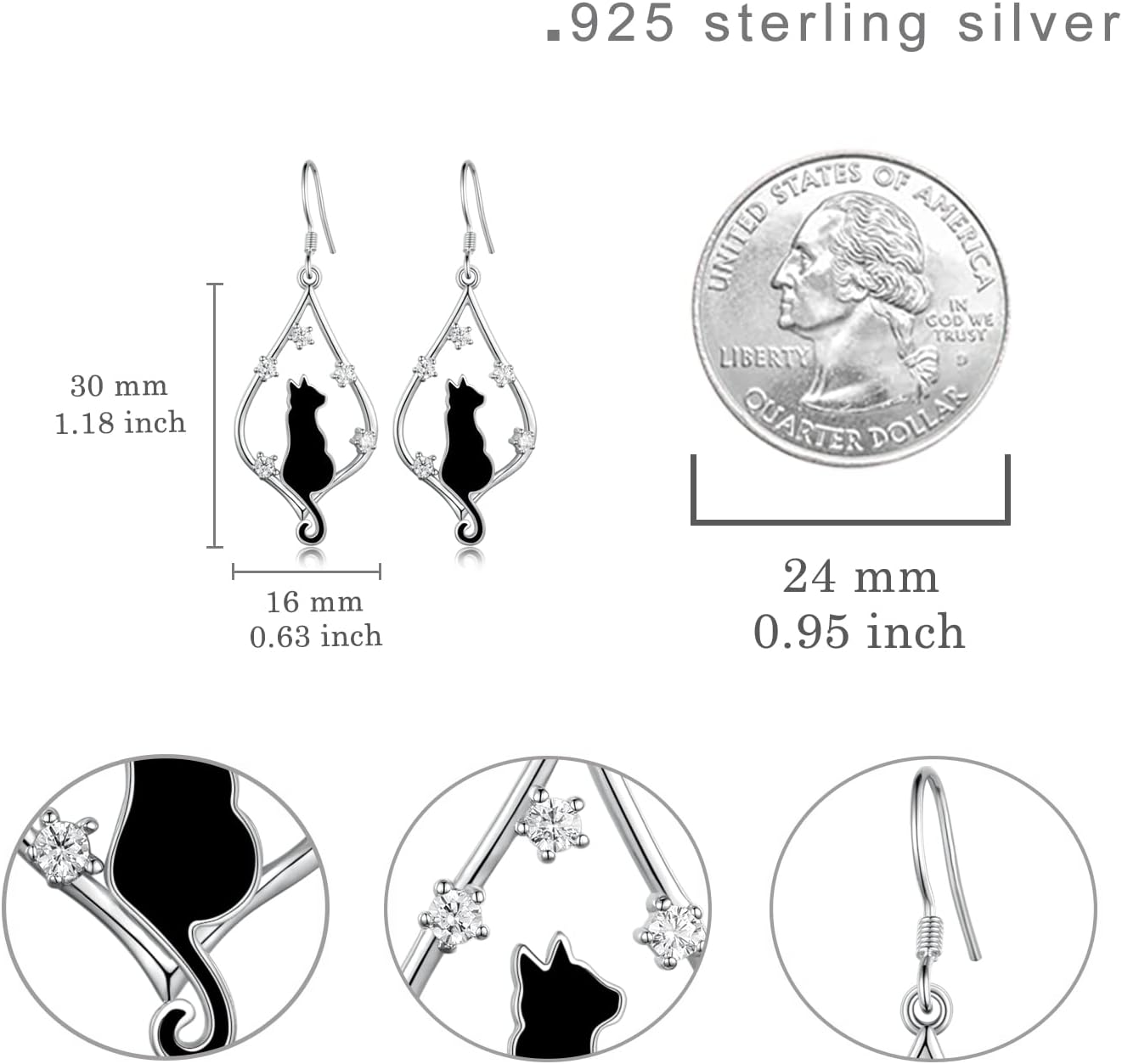 Black Cat Earrings 925 Sterling Silver Cute Black Cat Dangle Earrings for Cat Lovers Black Cat Gifts for Women - Image 4