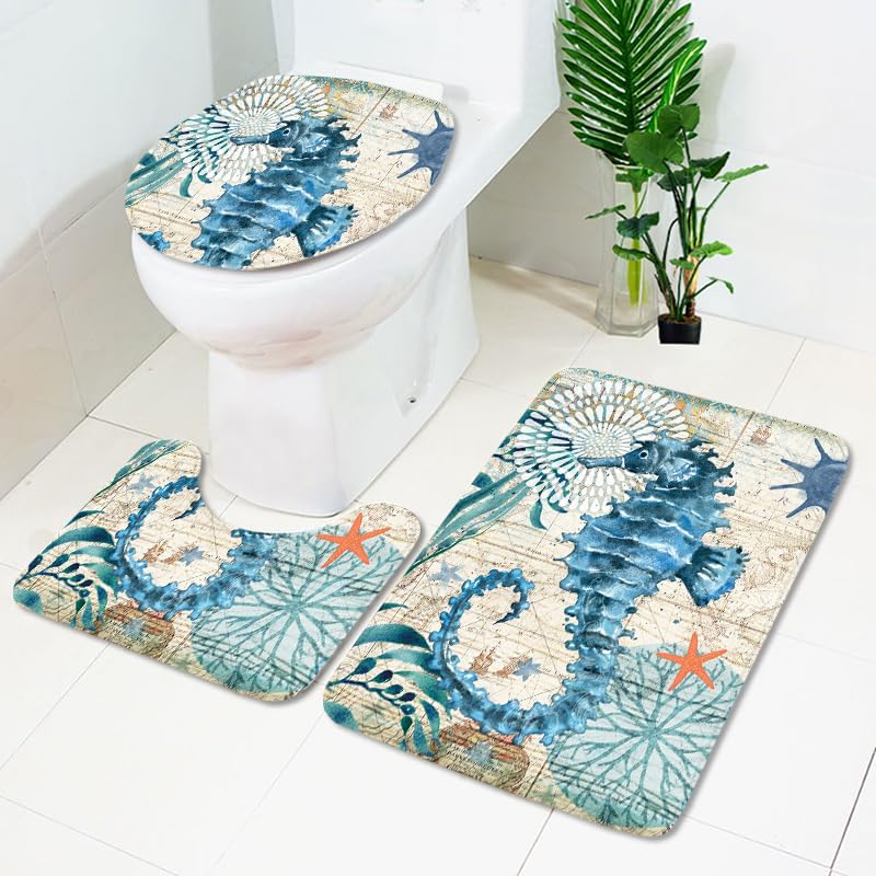 Badezimmerteppich Retro Blaues Seepferdchen WC Vorleger mit Ausschnitt WC Deckelbezug 3 Teiliges WC Teppich rutschfeste Badgarnitur U förmiger Badematte Waschbar Bad Teppiche Set 45x75 cm
