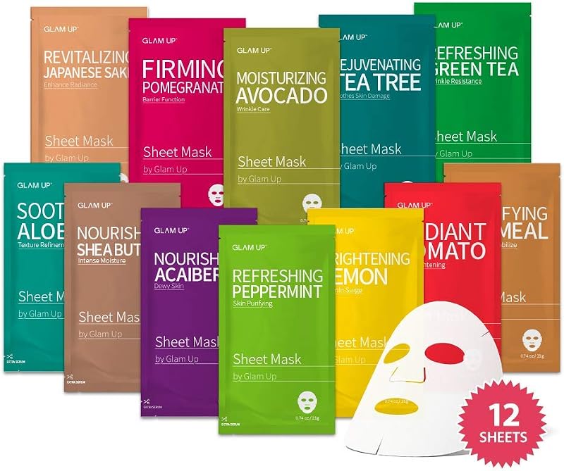 Máscaras faciais de tecido GLAM UP, pacote com 12