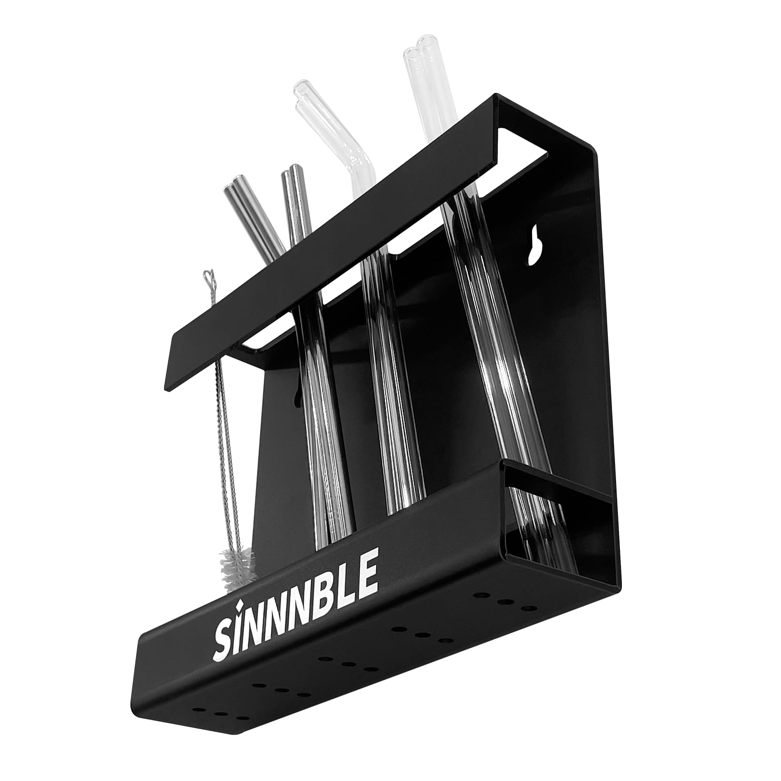 SINNNBLE Acrylic Straw Holder and Chopstick Holder Reusable Straw Storage Container Kitchen Organizer with Draining Feature for Cabinet Door and Wall Mount (Black)