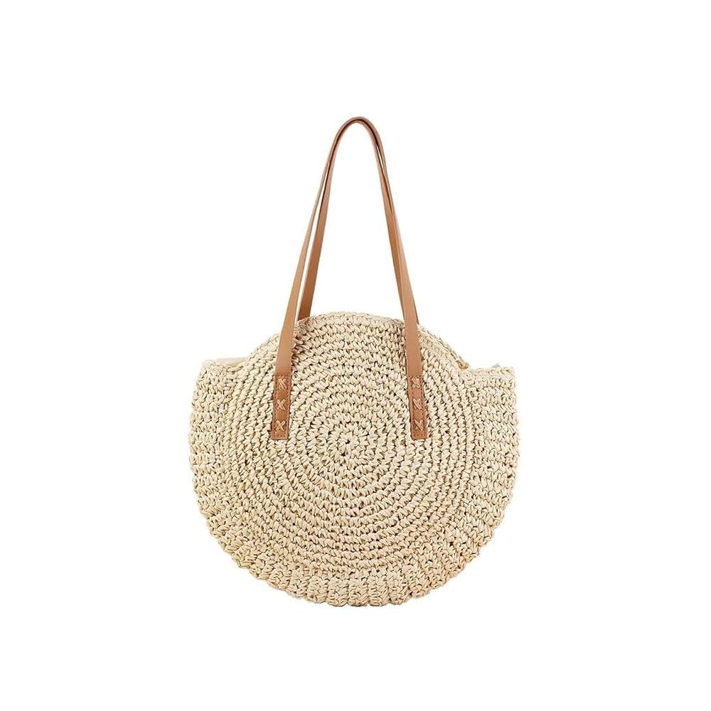 LATRAT Strohtasche, Damen Crossbody Tasche Retro Runde Strandtasche Shopper Korbtasche Groß Schultertasche, für Frauen Reisen Urlaub Freizeit Geflochten Tasche