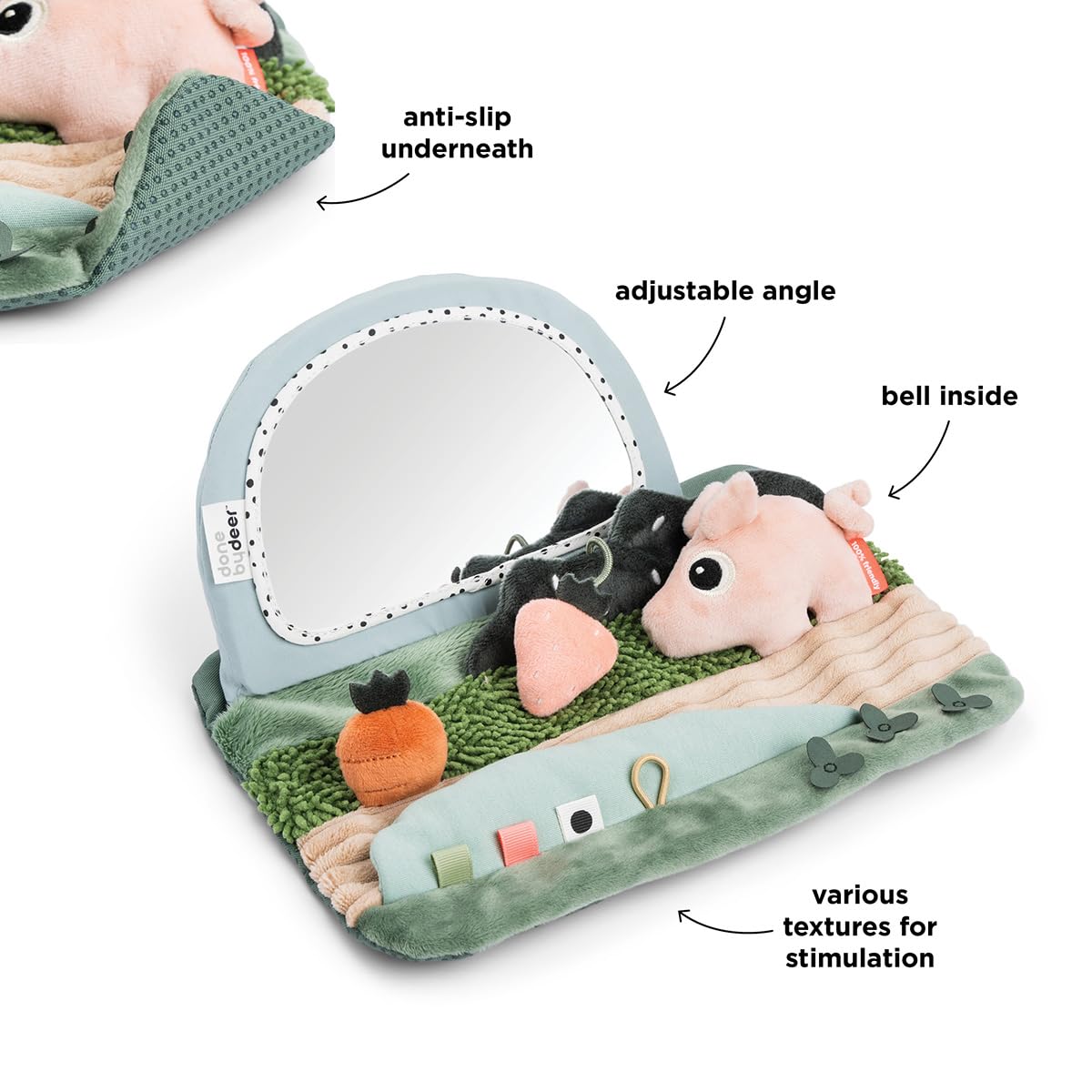 Done by Deer Miroir d’éveil Tummy Time – Jouet sensoriel bébé avec hochet, Textures, Contrastes – Miroir Ajustable antidérapant – Tiny Farm – Multicolore – 0+ Mois