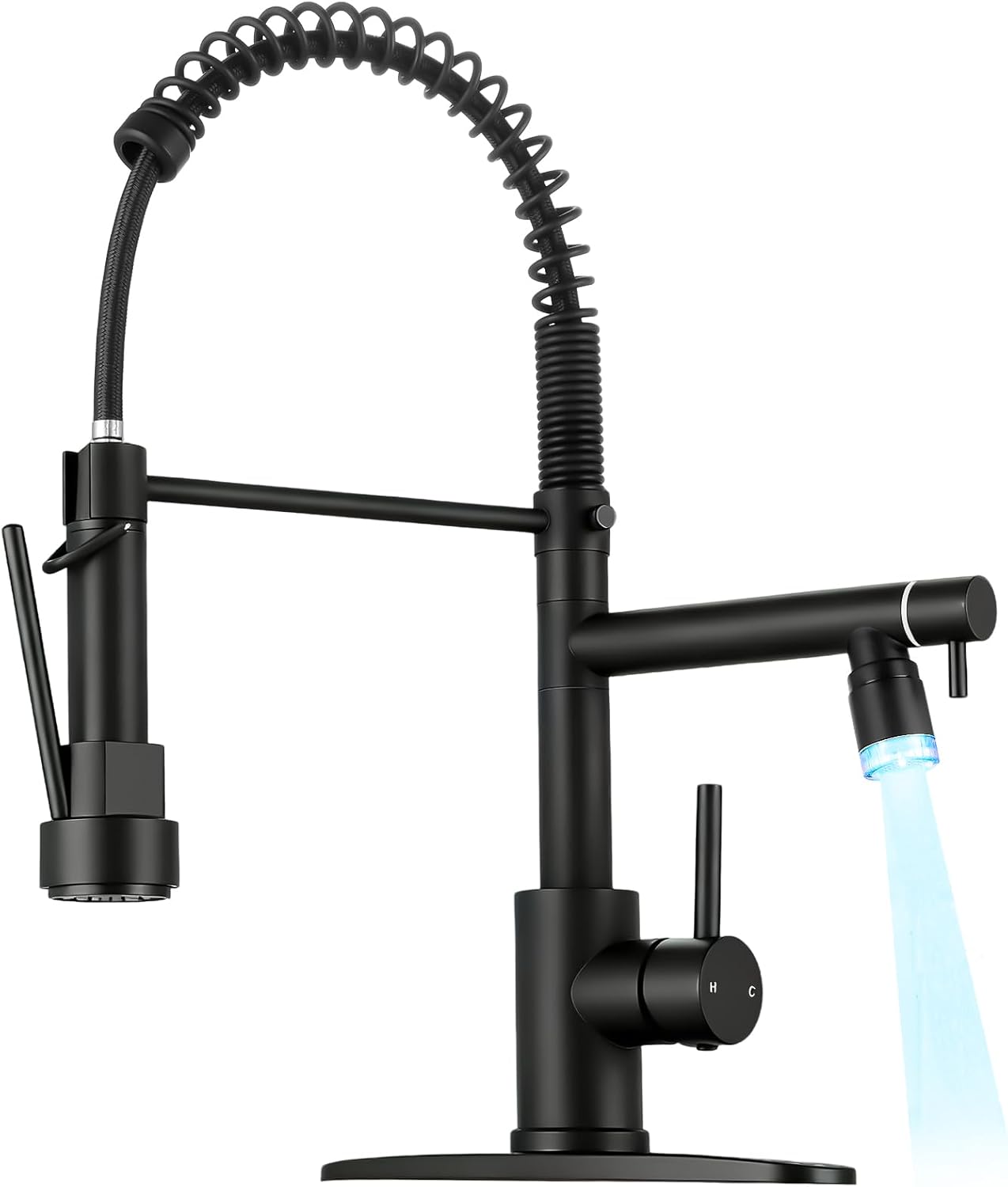 LED Kitchen Faucet with Pull Down Sprayer - Matte Black Single Handle Commercial Kitchen Faucets, 2-Spout Kitchen Sink Faucet, Stainless Steel Spring Pull Out Sink Faucet 1/3 Hole