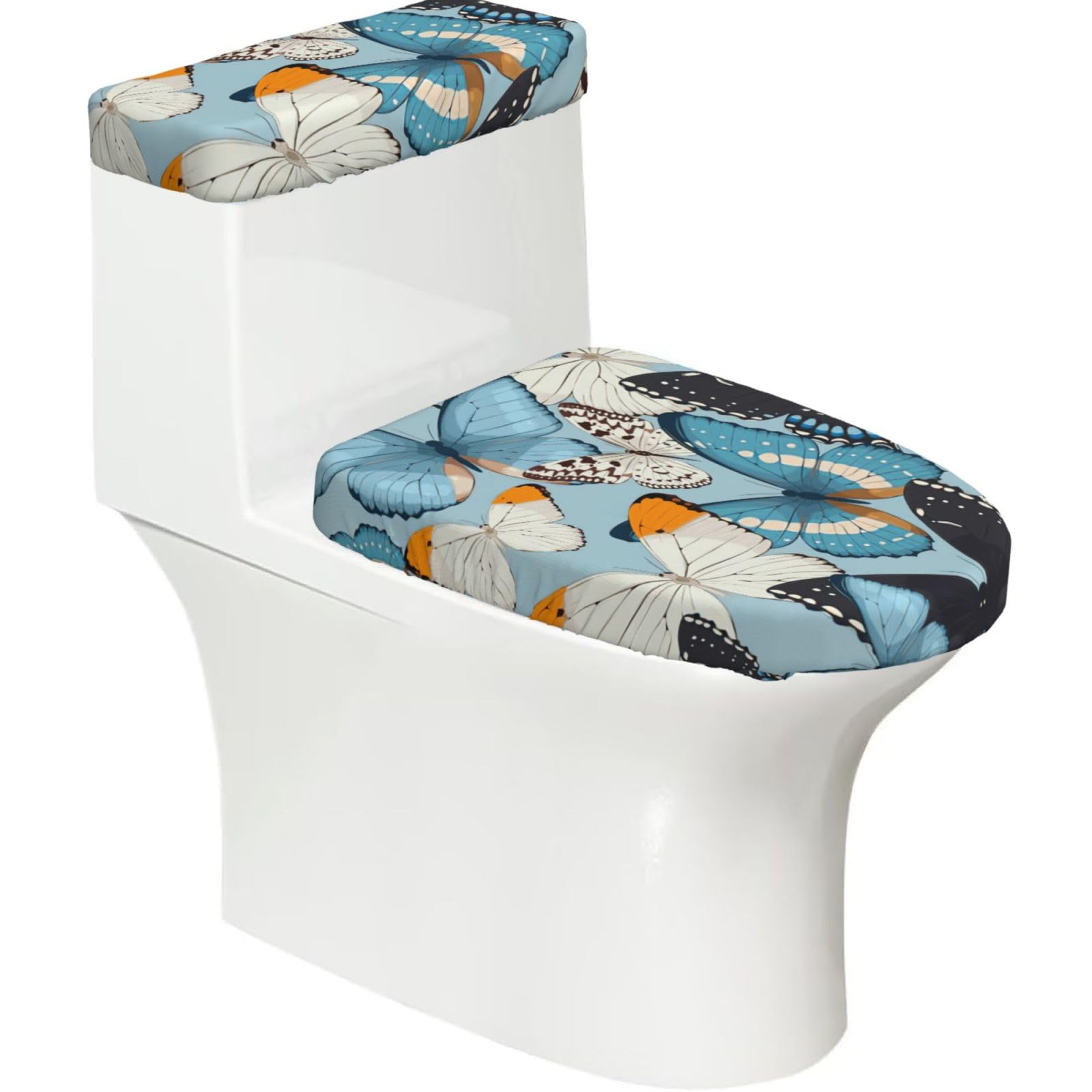Butterfly Print 2-Piece Stretch Toilet Cover Set, Elastic Breathable Toilet Seat and Tank Lid Protector