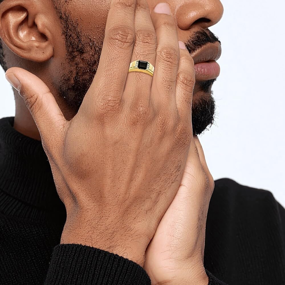 IceCarats 14K Solid Yellow Gold 1.63 carat Black Onyx Diamond Accent Square Octagon/Statement Fashion Ring 2.3mm Slim Band Prong Set