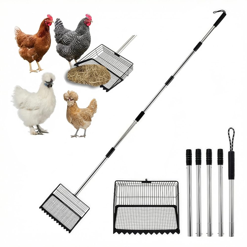 175cm Adjustable Chicken Poop Scooper, Cat Litter Scoop with Rubber Handle, Large Head Metal Sifting Shovel for Chicken Coop, Cat Litter Box, Farm & Pet Litter Sand Cleaning (25*175cm/9.8*68.5in)