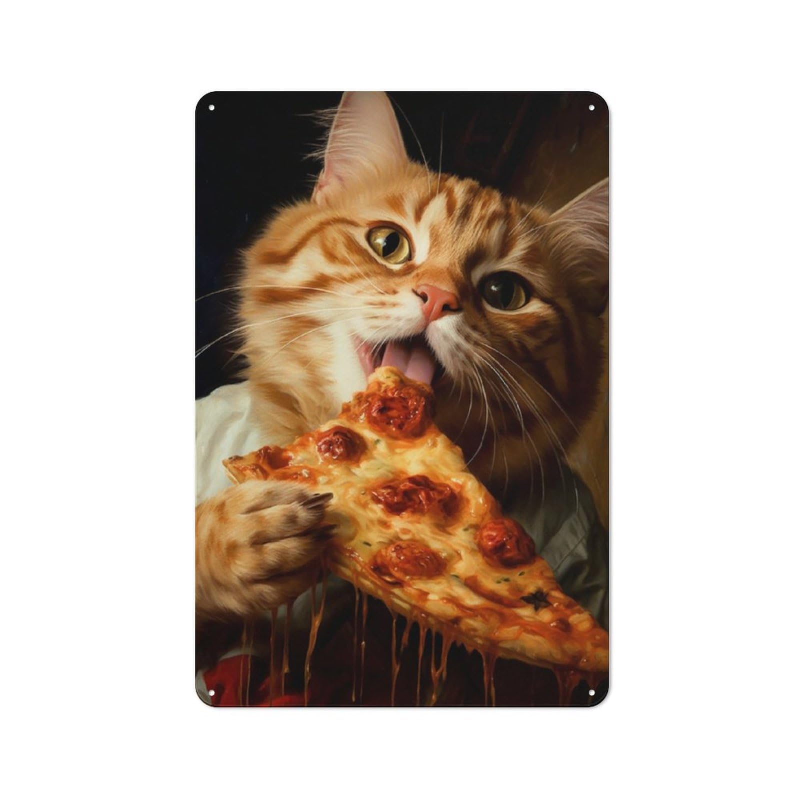 Junmoney Cat Eating Pizza Old Style Metal Sign 30X20cm, Bar Wall Plaque For Diner, Restaurant, Shed Or Kitchen