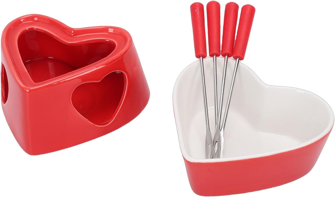 SUNGOOYUE Heart Shaped Fondue Mug Set, Romantic Red and White Ceramic Chocolate and Cheese Fondue Pot with 350ml Capacity, for Date Night, Party, Wedding Gift